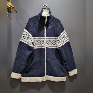Handmade Thick Knit Wool Cardigan Unisex No Tags Fair Isle Blue Cream Full Zip